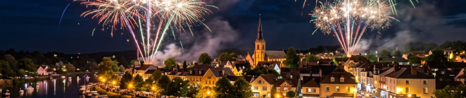 Fireworks exploding in various colors over a town by a river with illuminated buildings and people watching